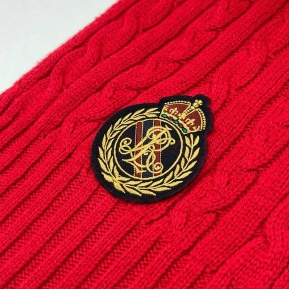 VTG Ralph‎ Lauren Red Cable Knit Pom Beanie Hat Scarf Set Embroidered Crest Logo Vintage Ralph Lauren Pom Pom Cable Knit Logo Patch Red  main image 2